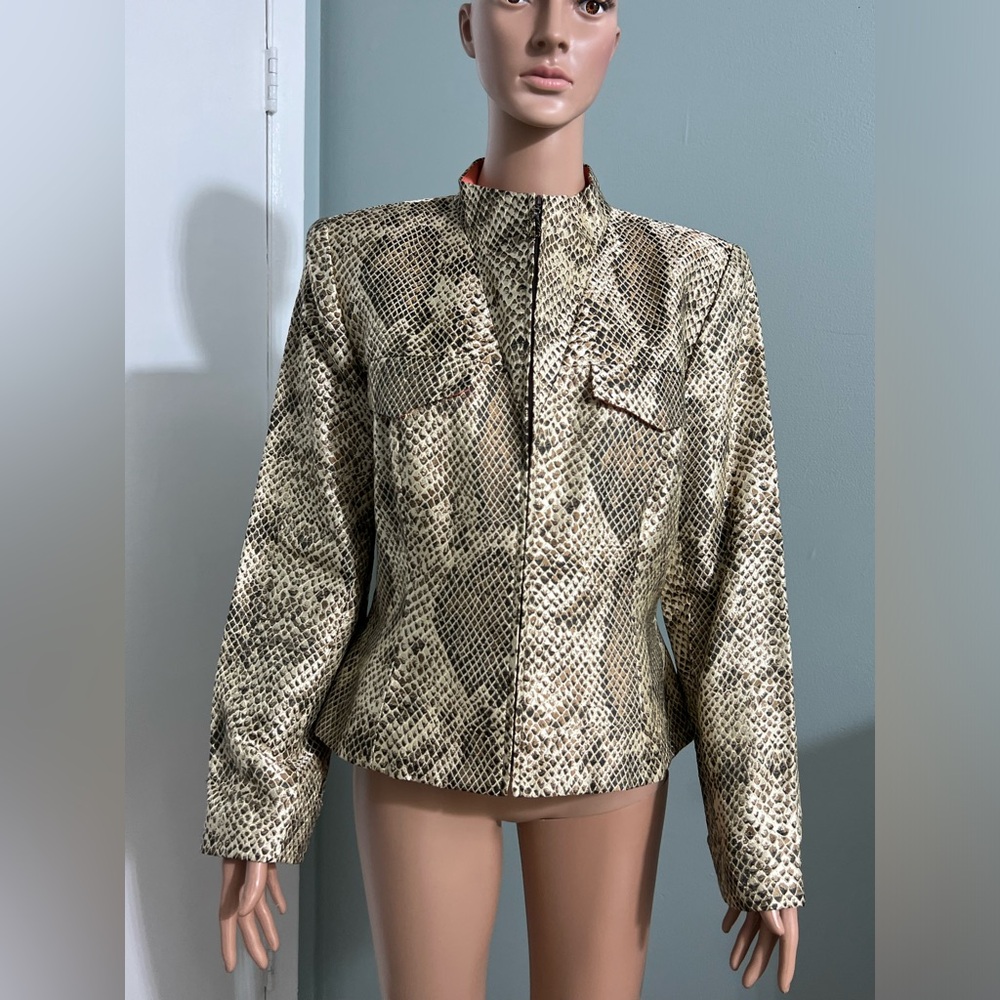 Flores & Flores Women's Silk Snakeskin Print Moto Full Zip Jacket Size 12
